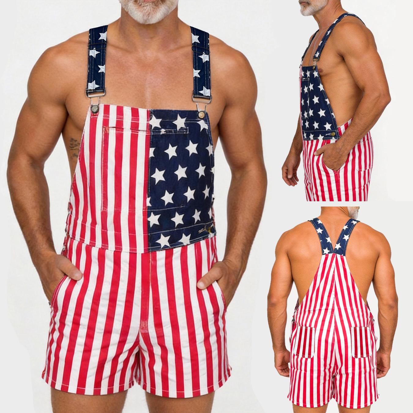 Unisex Stretchy Denim Overall Shorts, Classic Stars andStripes American Flag Pattern, Front Pocket Designed toHold Sunglasses, 250th Anniversary of America Romper,Stretchy 4th of July Jumpsuit, Father's Day Gift, BeachVacation Outfit