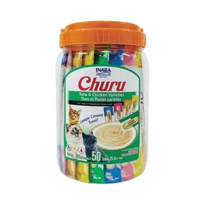 INABA Churu Cat Treats, Lickable, Squeezable Creamy Purée Cat Treat with Green Tea Extract & Taurine, 0.5 Ounces Each Tube, 50 Tubes, Tuna & Chicken Variety
