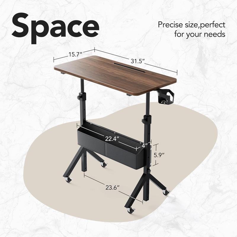 Adjustable Rolling Desk: Height adjusts from 28.7" to 46.1", perfect for use with a walking pad or treadmill. The 31.5" x 15.75" tabletop offers ample space, making it a portable, ergonomic workstation.