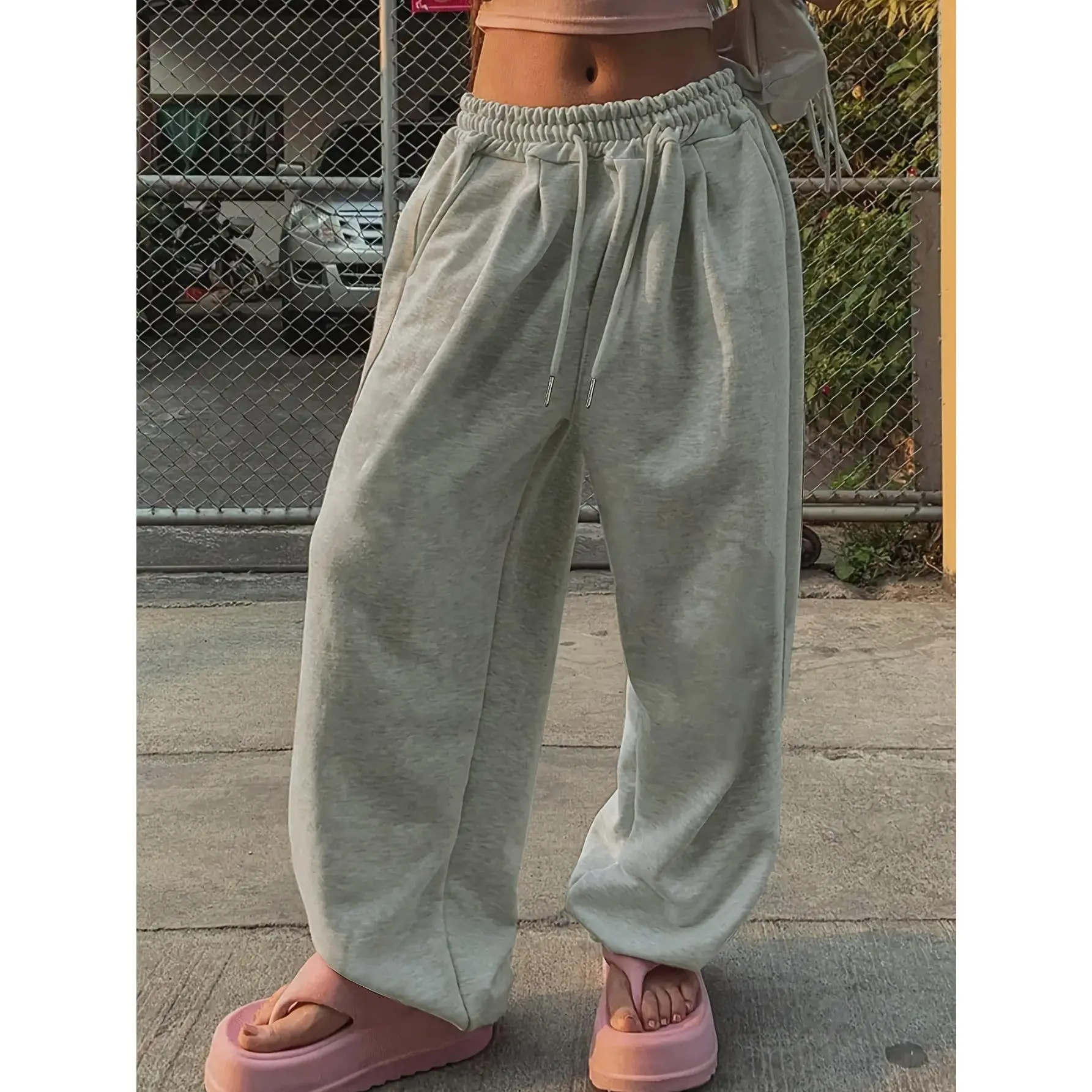 Women's Casual Grey Joggers with Faux Drawstring - Comfy Loose-Fit Sweatpants for Fall & Winter, Machine Washable