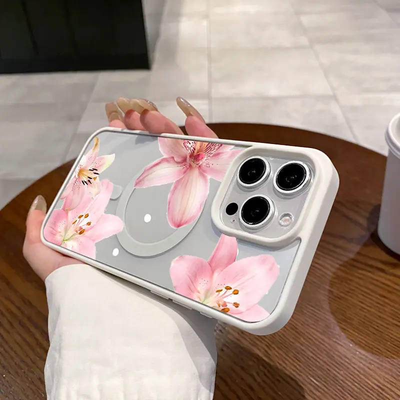 Magnetic MagSafe-Compatible Pink Lilies Case for iPhone 11/12/13/14/15/16 & ProMax - Smartphone/Cellphone/Handheld Device Protection, Lightweight, Anti-Fall, Girly Chic Style, Devices