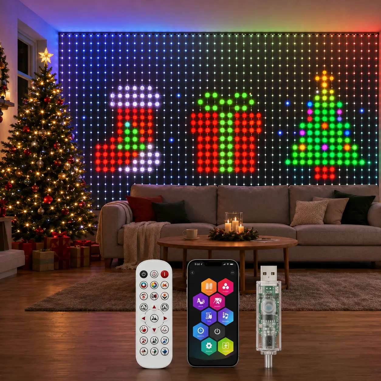IP65 Waterproof RGB LED Curtain Lights - USB Powered Surplife App+Remote Smart Pixel Lights with DIY Text, Custom Images, Graffiti, Animations, Music Sync for Bedroom, Halloween Mood Lighting, Event Styling, Decorative LED Holiday Lighting