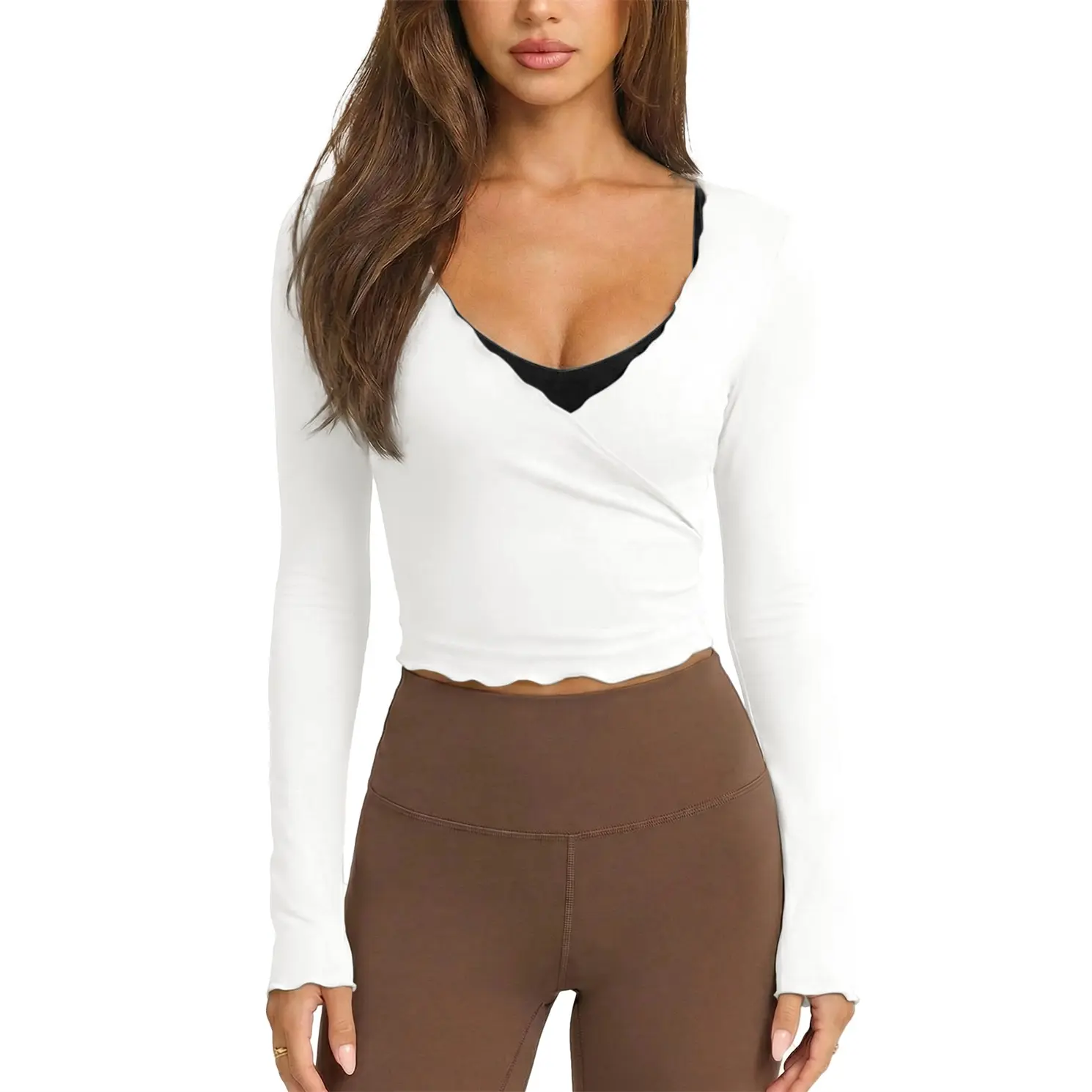 Talakeno Womens Ballet Wrap Tops Cropped Long Sleeve Self Tie Front Shirt Y2K Workout Yoga Pilates Dance Cover Up Blouse Versatile Slim Fit