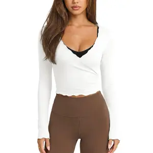 Talakeno Womens Ballet Wrap Tops Cropped Long Sleeve Self Tie Front Shirt Y2K Workout Yoga Pilates Dance Cover Up Blouse Versatile Slim Fit