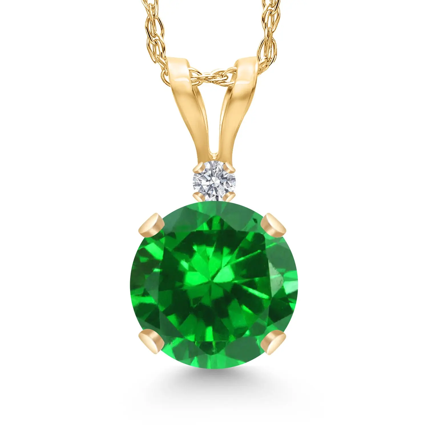14K Yellow Gold Green Created Emerald and Lab Grown Diamond Pendant Necklace for Women | 1.02 Cttw | Gemstone May Birthstone | Round 6MM | With 18 Inch Chain