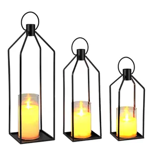 Set of 3 Modern Metal Lanterns with LED Real Wax Candles – Decorative Candle Holders for Indoor & Outdoor Use – Patio, Living Room, Fireplace, Table – Size: 12+15+19