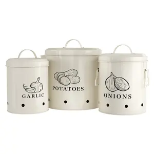 Potato, Onion & Garlic Kitchen Storage Canisters, Set of 3, Farmhouse Collection Containers Metal