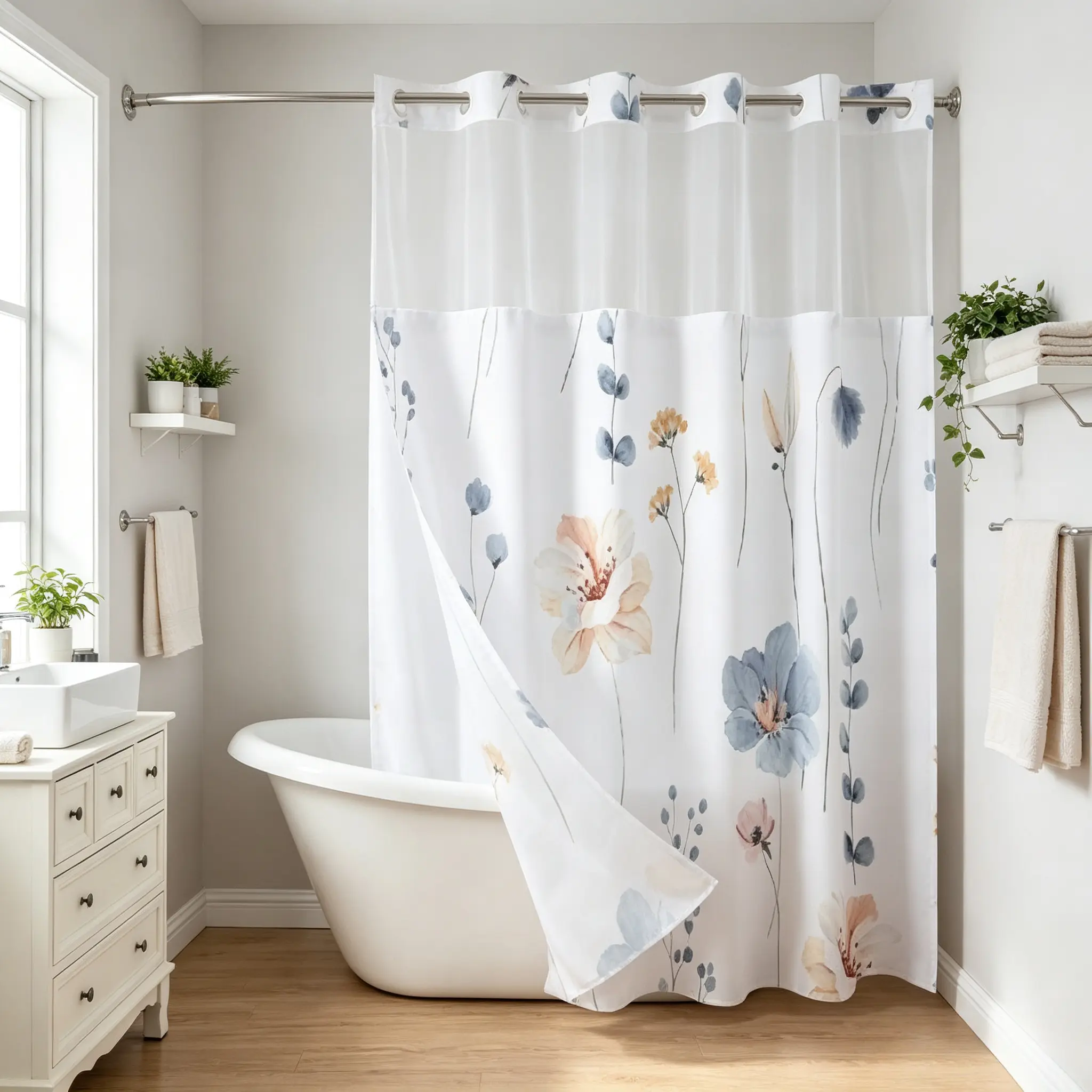 Hookless Colorful Floral Pattern Shower Curtain, 72×75 in, Multi-Color No-Hook Design, Easy-to-Install, Waterproof, Washable, Ideal for Bathrooms