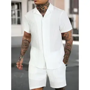 Men's Plain Summer Casual Solid Color Short Sleeve Shirt And Shorts Set, For Husband