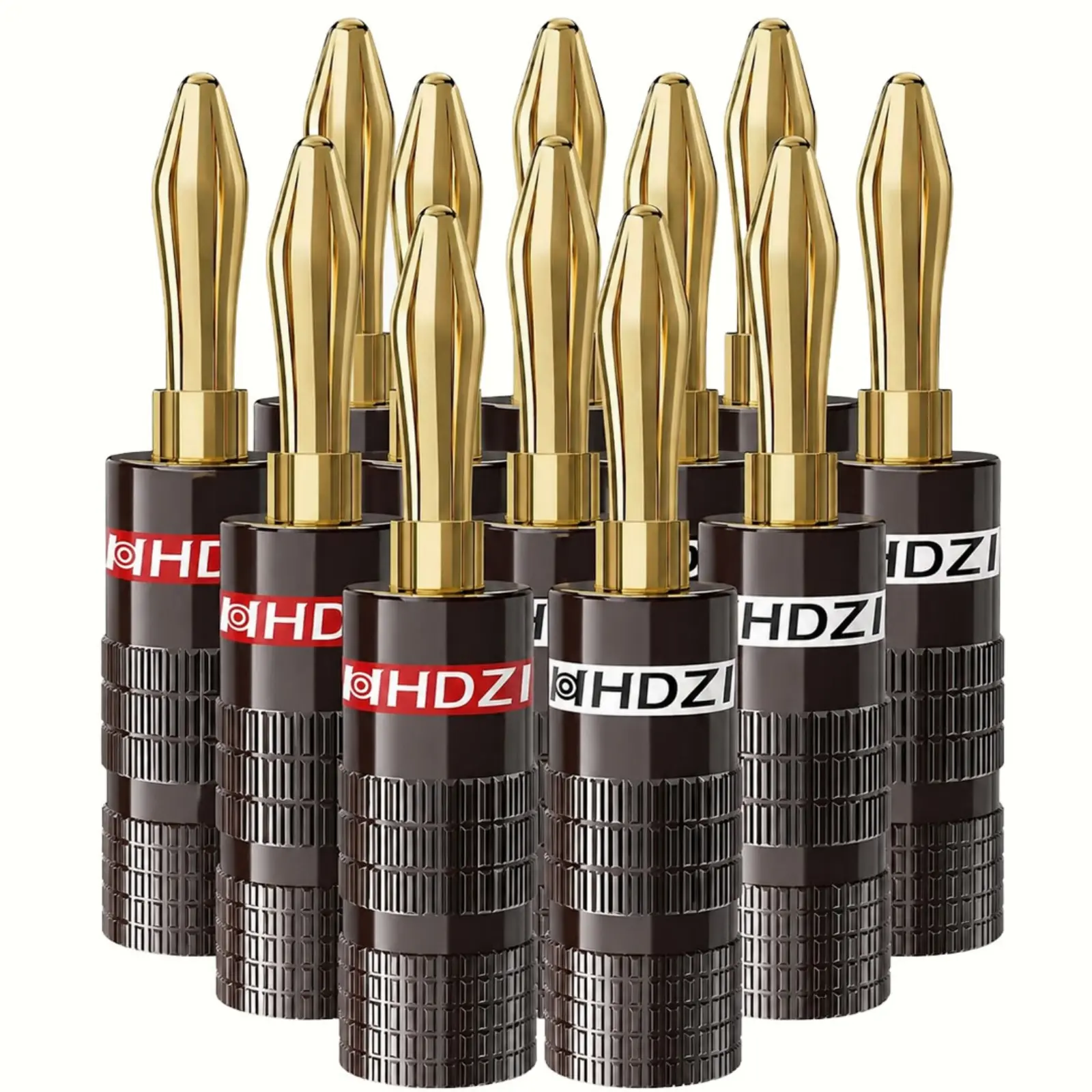 12 pcs Solid Brass 24K Gold Plated 6-Prong Banana Plugs, Dual-Screw Speaker Connectors for Speaker Wires, Home Theater & AV Audio Systems