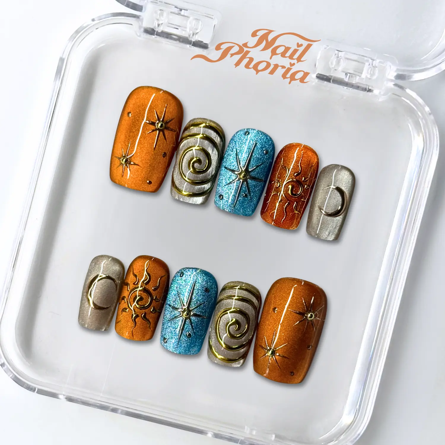 NailPhoria TEMPLE OF ECLIPSE -SUMMER Handmade Press-On Nails | Reusable, Salon-Quality, Long-Lasting, Glossy Design