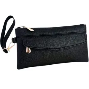 Black Leather Wristlet Clutch with Zipper Closure and Detachable Strap for Women