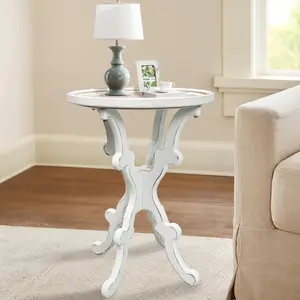 Rustic Farmhouse Round Side Table Small Wooden Accent End Table with Distressed Retro Tray Top and Concave Legs for Bedroom, Living Room,Entryway