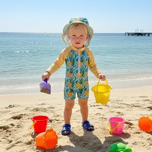 Toddler Boy Rash Guard Swimsuit Coconut Tree/Starfish Print Zipper Long Sleeve Bathing Suit with Swim Cap