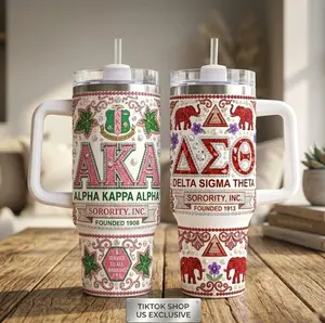 Sorority 40oz Tumbler with Handle | AKA Alpha Kappa Alpha & DST Delta Sigma Theta Bling Rhinestone Insulated Travel Mug | Greek Life Sisterhood Gift