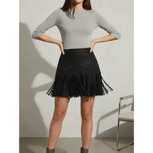 Women’s Vintage Hippie Studded Fringe Faux Leather A-Line Skirt, Retro Style, Casual Wear, Perfect for All Seasons