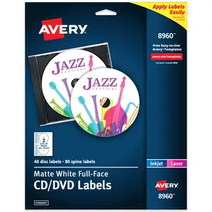 Avery Printable Full-Face CD Labels, Matte White, Permanent Adhesive, Laser & Inkjet Printers, 40 Blank CD Labels & 80 Spine Labels (8960)