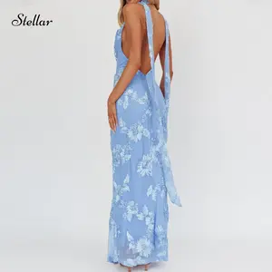 Women’s halter backless maxi dress embellished with blue flowers, sleeveless, floral fit cocktail dress for parties and vacations, womenswear