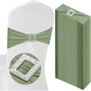 50 Pcs Spandex Chair Sashes with Square Slider Stretch Chair Cover Band Elastic Ties Bows for Wedding Banquet Event Party Decoration(Sage Green)