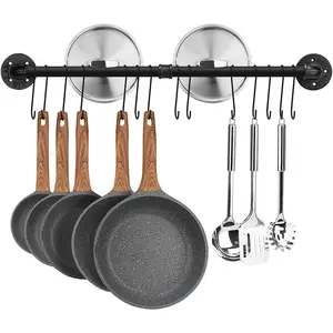31.5 Inch Black Wall Mounted Pot Rack, Detachable Kitchen Pan Lid Utensils Organizer Hanging Rail with 14 Hooks