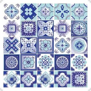 360 Stand 12x12 in. Vintage Turquoise Blue & White Glossy Arabesque Coastal Decorative Stickers, Peel & Stick Removable Self Adhesive Sticker Set for Kitchen Backsplash, Removable Decorative Backsplash