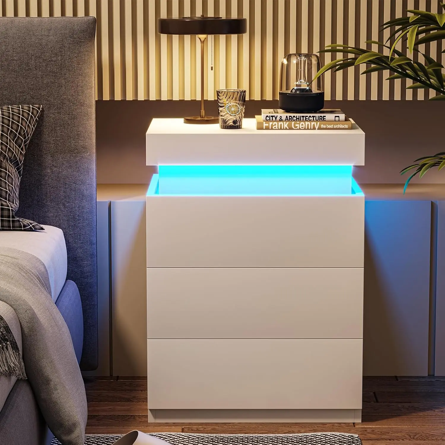 Sikaic Nightstand with Charging Station and LED Lights, White Bedside Table with Sliding Top Drawer and Storage Drawers, Modern Night Stand End Side Table for Bedroom Tabletop Design