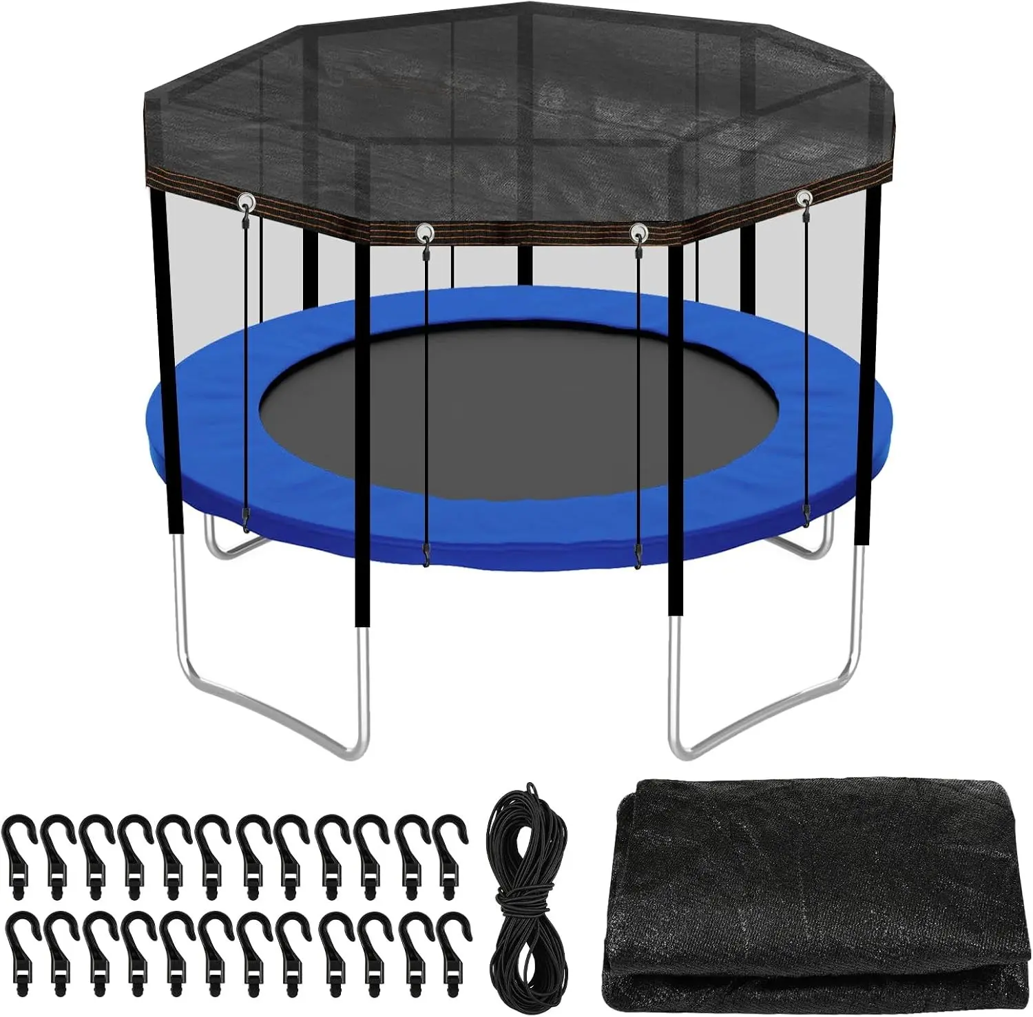 Black Round 12FT Trampoline Top Shade Cover, 90% Sunblock Sun Shade Mesh Tarp with Elastic Cord and Plastic Hooks for Outdoor Backyard Playground Accessories, Tent Only