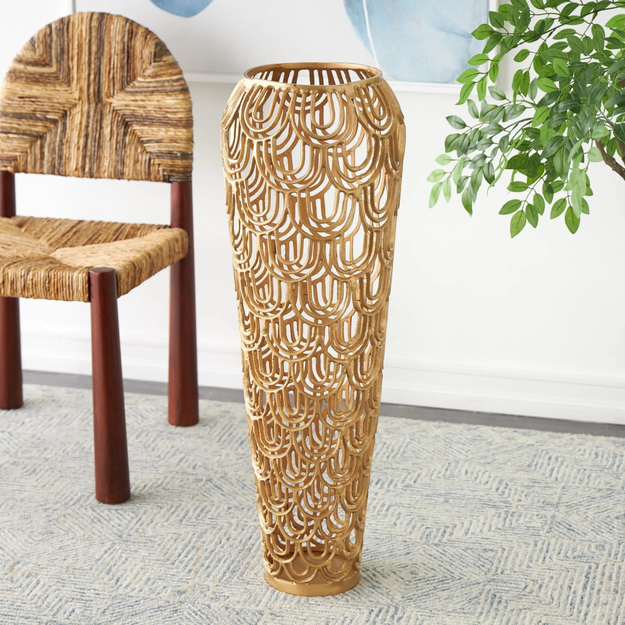 Tall Geometric Aluminum Vase - Art Deco Inspired Arched Decorative Piece with Rubber & Felt Accents, Ideal Gift for Entryway Centerpiece (Home Decor Supply), Decoration