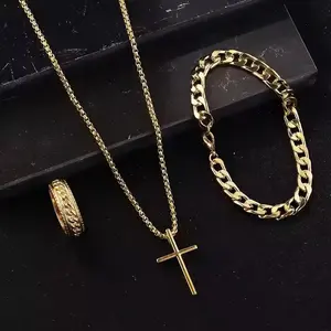 3 Piece Set Cross Pendant Necklace, Bracelet, and ring for Men