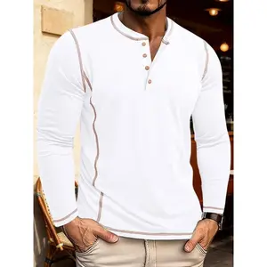 Men's long sleeved Henry shirt with contrasting stitching - a casual business style top made of soft and breathable fabric, suitable for daily casual wear, suitable for spring and autumn seasons, with multiple colors to choose from