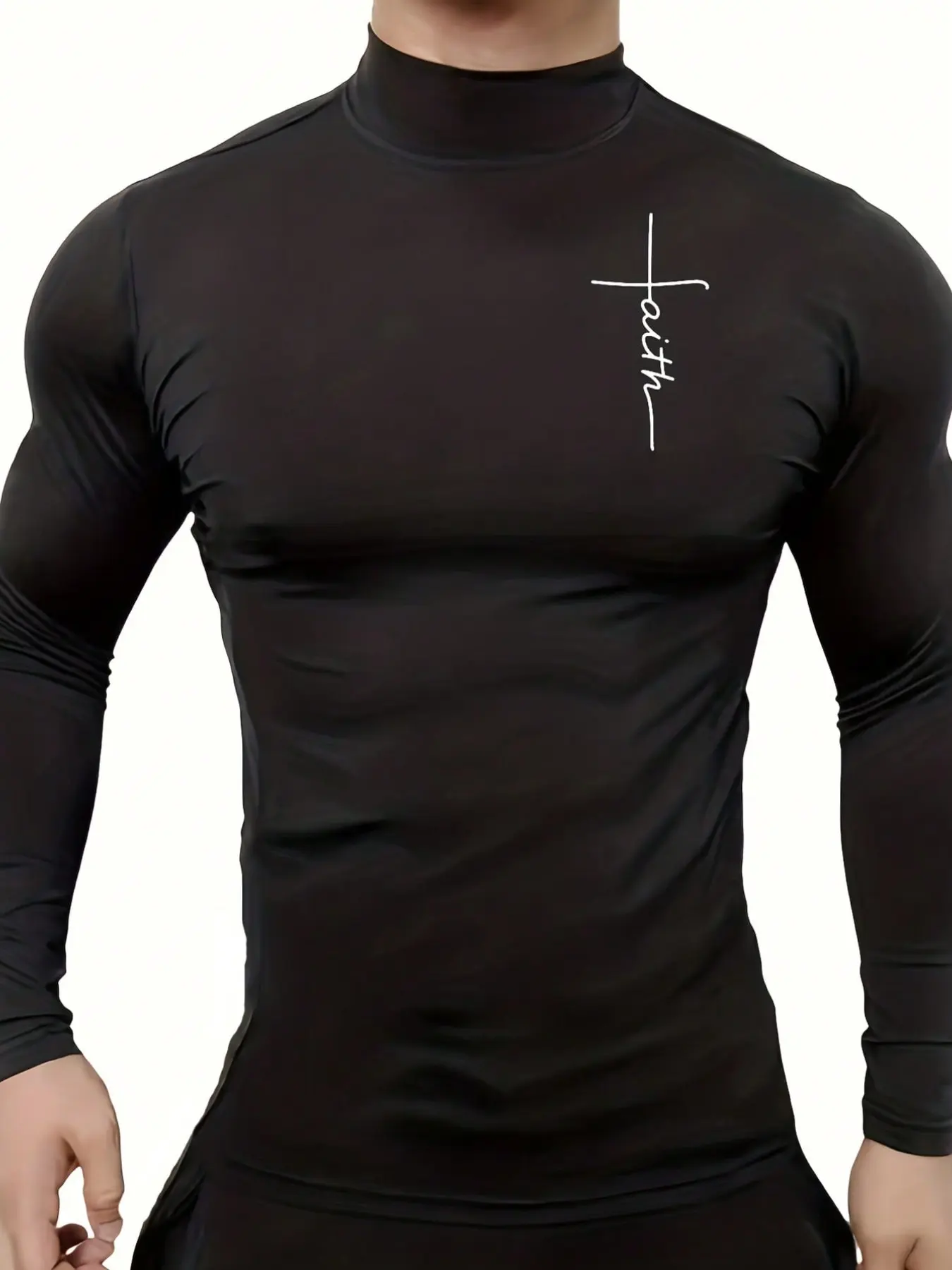 Men’s black mock neck long-sleeve compression shirt, “faith” cross print, slim fit, stretch fabric, athletic style, form-fitting silhouette, sportswear aesthetic, everyday wear, workout apparel, minimalist design