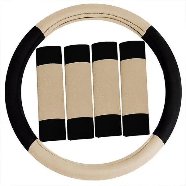 FH GROUP Car Interior Set - Universal Fit Beige Automotive Accessories with Heat Guard, Modern Steering Wheel Cover, Seat Belt Pads for Cars, Truck Accessories, Accessories For Car