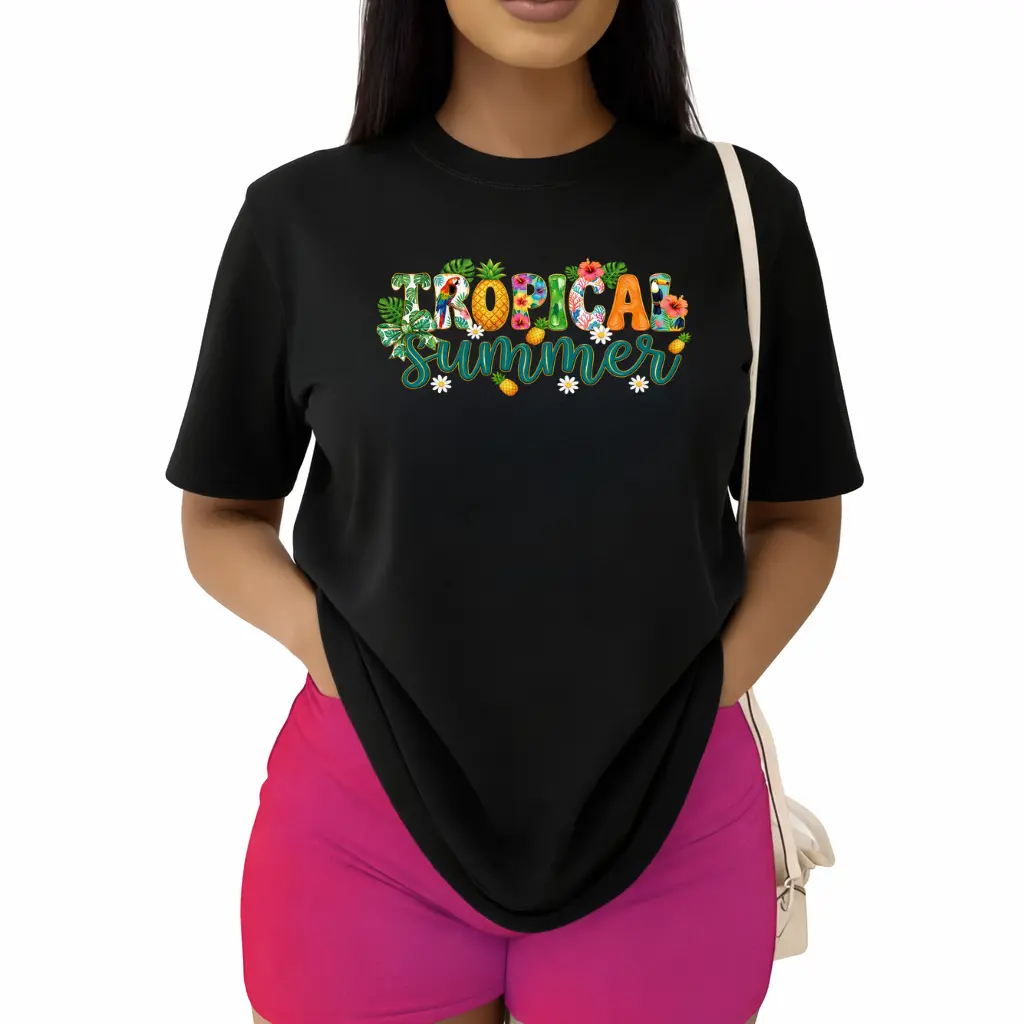 Summer Themed Graphic Women'S Round Neck Short Tropical Summer Pineapple Floral Font Print Casual Top Daily Wear