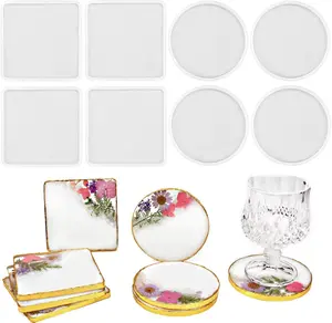 8PCS Resin Coaster Molds Set, 4 Pack Round Coaster Silicone Molds + 4 Pack Square Coaster Resin Mold, Coaster Molds For Resin Casting Home Decor
