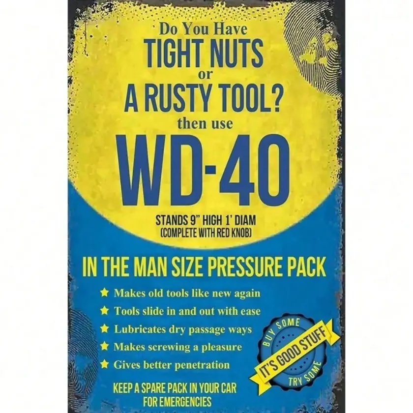 WD-40 Aluminum Metal Decorative Wall Plaque Sign 8x12 Inches Vintage Garage Workshop Wall Art for Man Cave Home Office Decor Living Room Bathroom Bedroom Kitchen Wall Decoration Home Decor Products Vintage Garage Signs