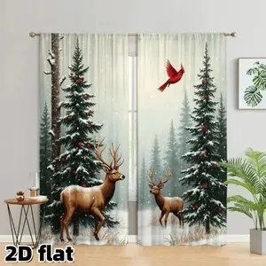 2D Flat 2Pcs Winter Forest Curtains, Snow Pine Trees with Deer and Cardinal Bird, Nature Wilderness Scene, Rod Pocket Style, Semi Sheer Polyester Fiber, Suitable for Living Room Bedroom Kitchen Study Window Decoration, Christmas Holiday Home Decor,
