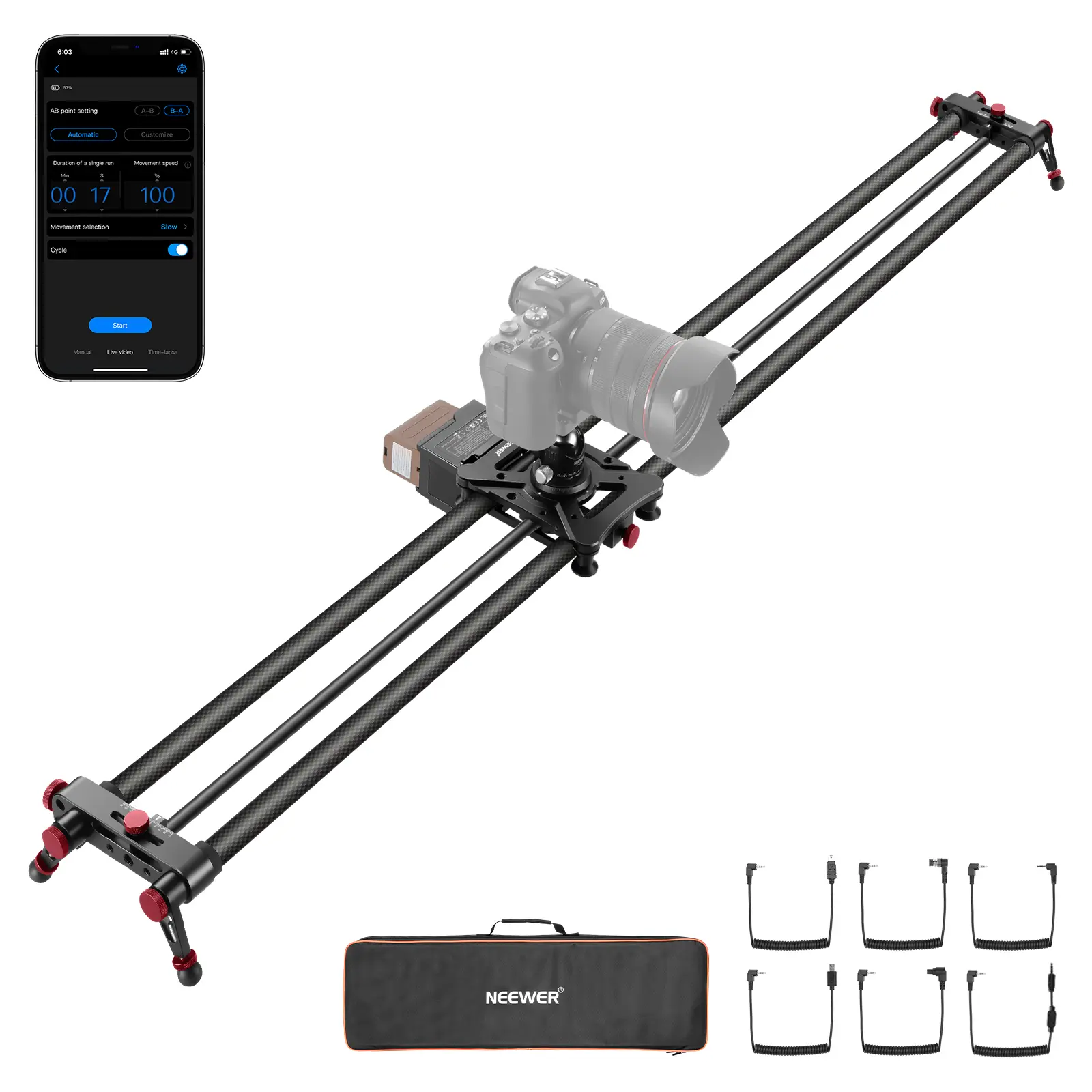 NEEWER ER1 47.2"/31.5" Motorized Camera Slider, DSLR Carbon Fiber Dolly Rail Slider with App Control, 4400mAh F750 Battery for Time Lapse Photography, Supports Video Mode [NOT Include Charger]