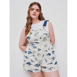 Cider Women's Convertible-Strap Romper with Roll Hem & Shell Graphic Pockets, Curve & Plus Size Playsuit for Summer Beach Outings and Spring Casual Wear