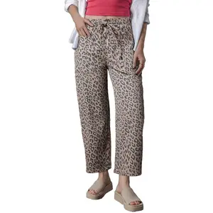 Asvivid Women's Leopard Printed Drawstring Elastic Waistband Pocketed Wide Leg Jeans Bottom Fashion Everyday Womenswear