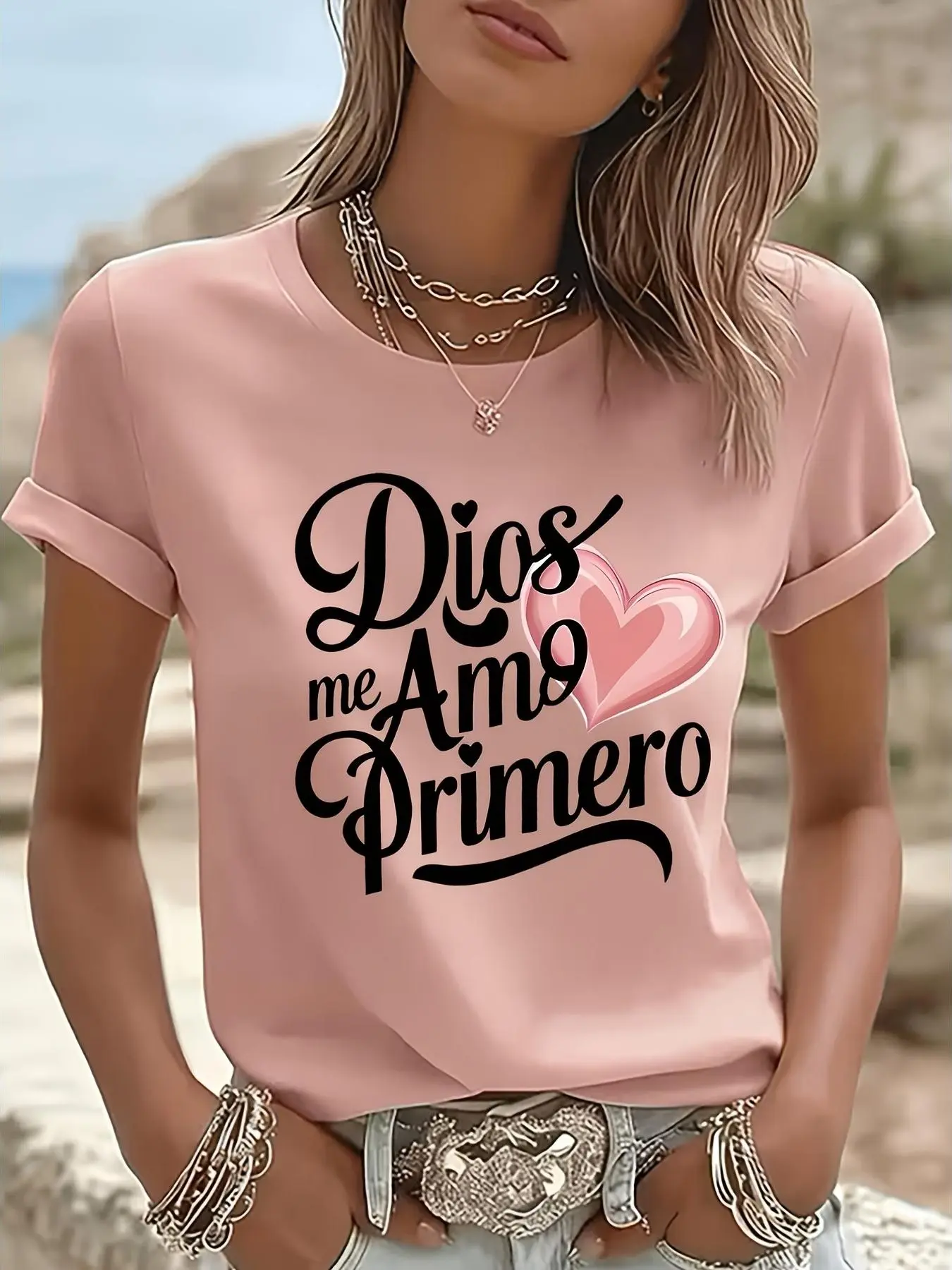 Women's 100% Cotton Oversized Plus Size Round Neck Short-Sleeve Sports Top - Soft, Breathable, Comfortable, Eco Screen-Printed Christian Quote Cursive Dios Me Amo Primero Faith Heart, Casual Tropical Wear (Lightweight, Glossy; Do Not Bleach)