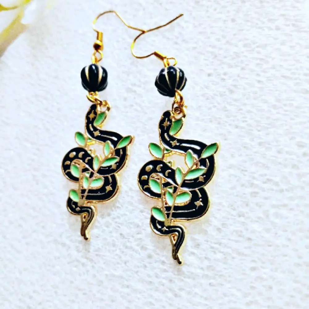 Beaded Snake Moon Phase Earrings with Green Accents and Black Beads Gold-Tone Hooks
