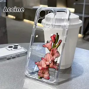 Pink Gladiolus Grace TPU Pattern Phone Case for iPhone 15 16 14 Pro Max 13 12 11 XR XS E Plus Non-Yellowing Drop Protection Transparent Silicone Cover Cellphone Protective