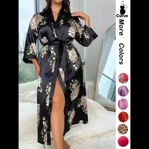 [Plus Size] Halloween Print Belted Wrap Long Sleeve Loose Loungewear Robe, Women Long Sleeves Nightwear, Fall Lady Long Lounge Robe Gowns, Halloween Pajamas, Robes for Women, Floral Print Robe, Wrapped Belted Robe, Casual Soft Bat
