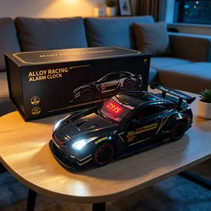Die-Cast Alloy Supercar Digital Alarm Clock for Kids Bedroom, Sports Car Bedside Desk Clock with Time Display, Exhaust Mist Spray & Engine Sound, Rear Wing Spray Effect, Racing Key Control, Cool Toy Gift for Boys & Car Fans