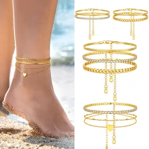 FindChic Layered Anklets Set Sparkling Tennis Chain Ankle Bracelets Set Double Layered Anklets Triple Layered Anklets Set For Women Summer Beach Foot Jewelry Cuban/Herringbone/Heart Charm CZ Foot Chain Summer Jewelry, with Gift Box