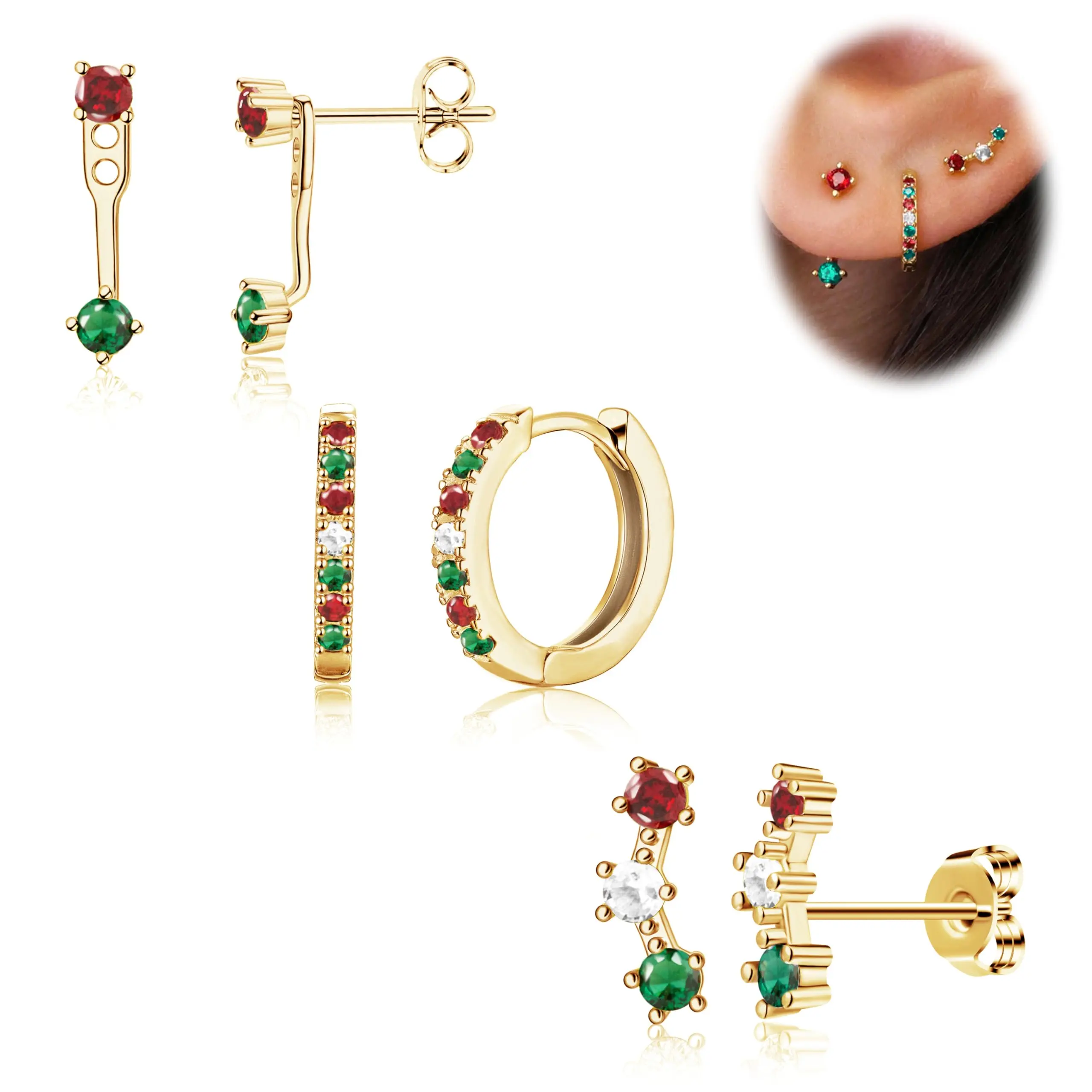 Christmas Earrings Set for Women, 3 Pairs Zircon Stud, Huggie Hoop & Stud Earring Jackets, Hypoallergenic Jewelry for Multiple Piercings