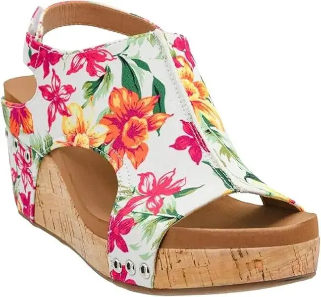 Women's Fashion Multi-Floral Corky Carley Wedge Shoe - Platform Heel Footwear
