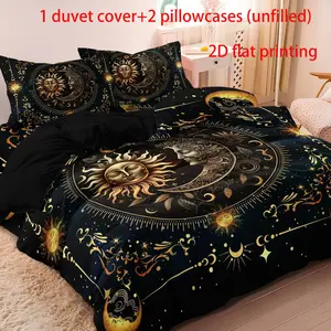 3-piece set of gold sun, moon, and celestial print decorative duvet cover Polyester Bedding Set (1 * duvet cover+2 pillowcases, 90g polyester fiber) unfilled