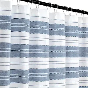 Serafina Home Nautical Striped Blue and White Fabric Shower Curtain: Chambray Cotton Luxury Hotel Detailed Eyelet Decorative Weave for Bathroom 72" x 72" (Denim Navy)