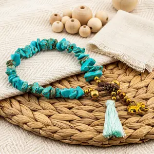 Thai Handmade Boho Bracelet - Stackable, Adjustable, Giftable - Artisan Stone - Turquoise Stone Chip & Elephant Tassel